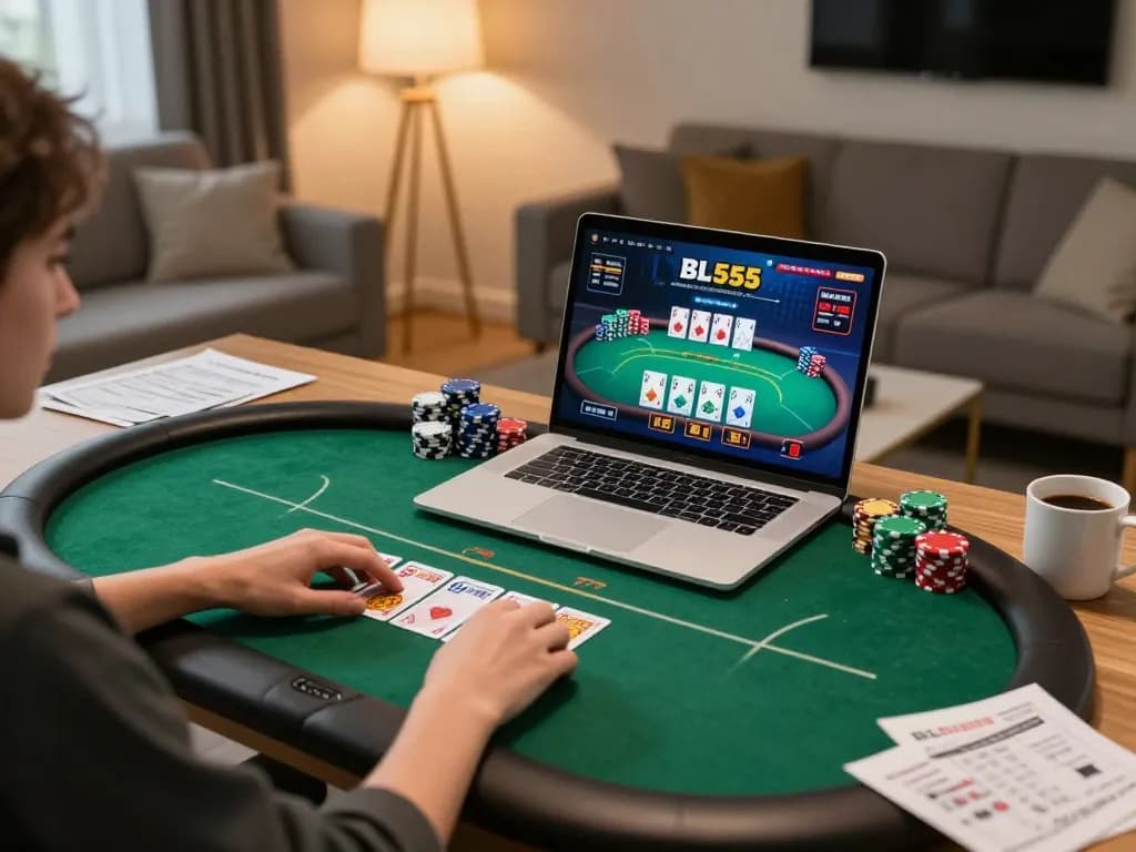 BL555 player engaging in online poker from home with strategic notes nearby