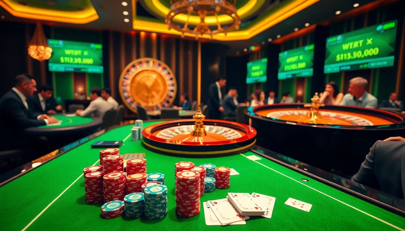 Engage with thrilling betting action at uu88 casino tables adorned with poker chips and cards.