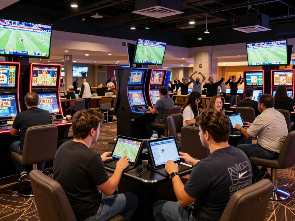 8xbet players engaging in live sports betting action at a modern casino.