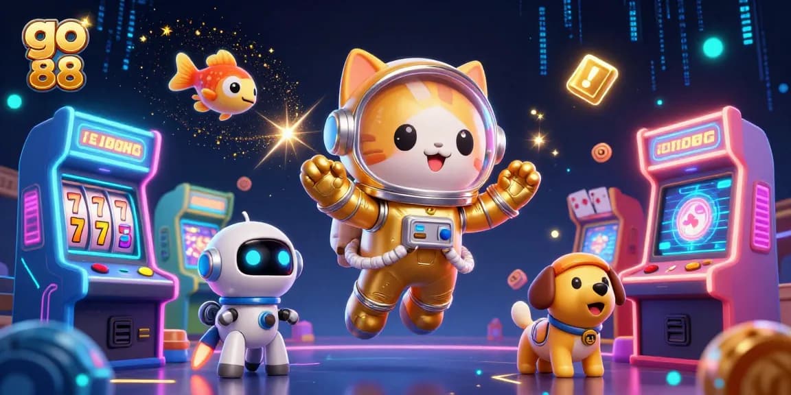 Engage with go 88's thrilling gaming world featuring a 3D astronaut cat and vibrant casino elements
