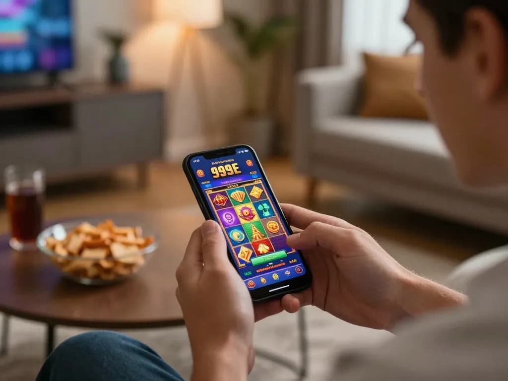 Player engaging in mobile gambling on the 999E app within a cozy living room.