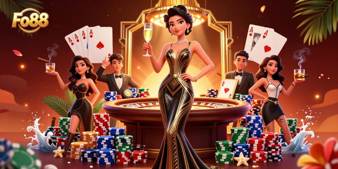 Engage with Fo88's vibrant casino scene, showcasing high-stakes poker with elegant flair.