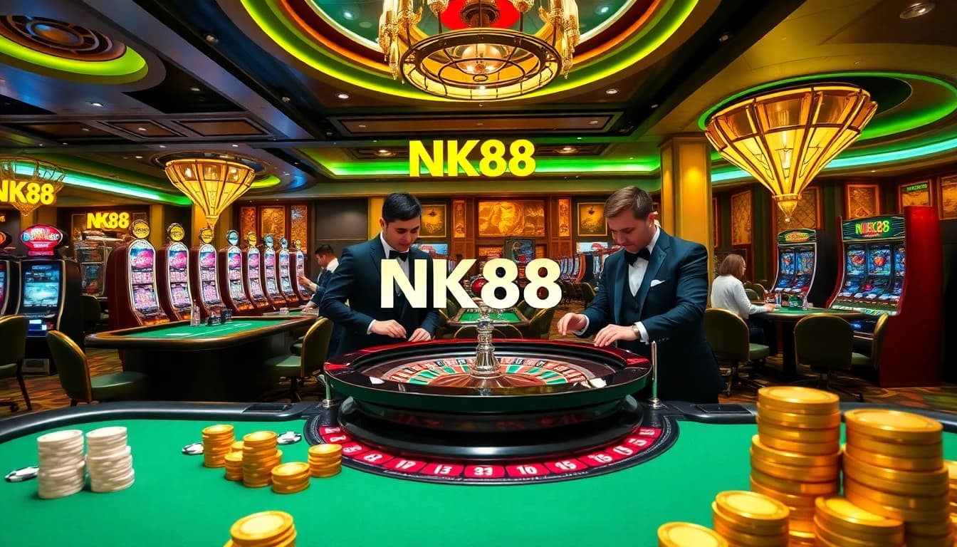 Experience NK88 gaming excitement with vibrant tables, roulette wheels, and poker chips.
