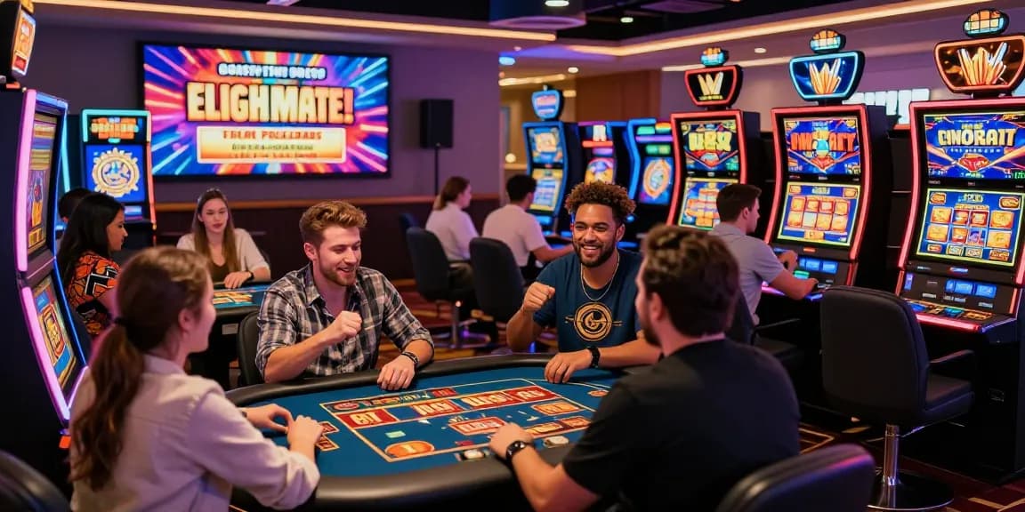 Players celebrating at non GamStop casinos, showcasing vibrant games, bonuses, and excitement.