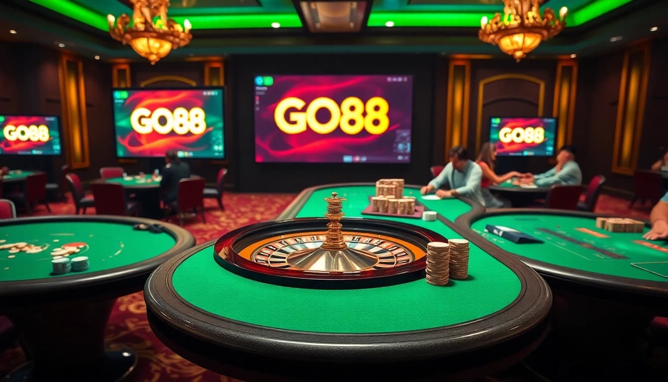 Players enjoying an exciting game at GO88 casino tables surrounded by vibrant colors and luxury.