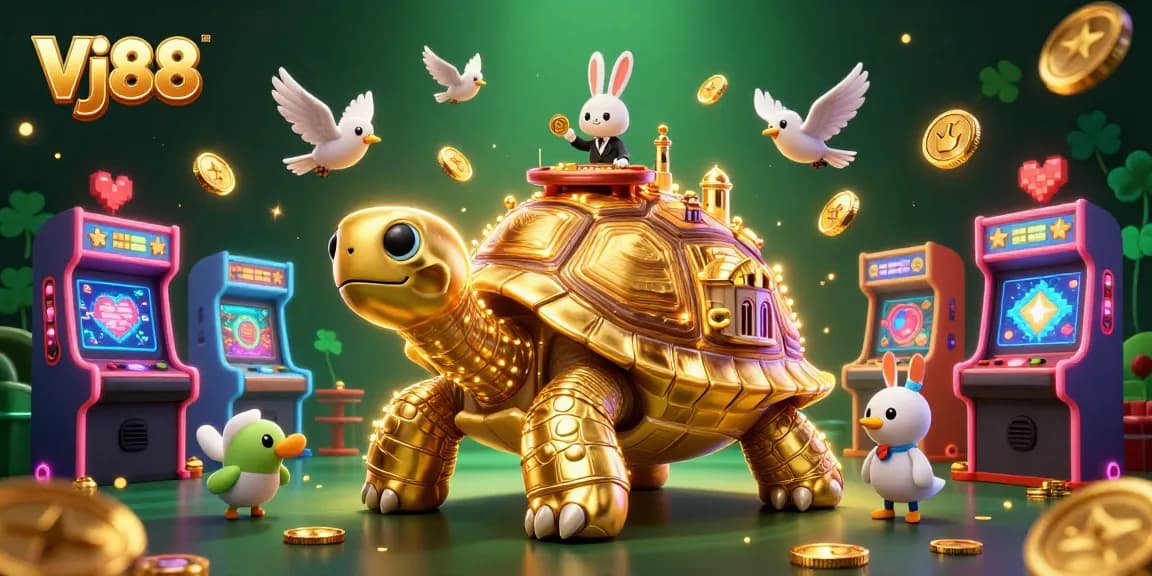 Engage with Vj88 in this vibrant 3D digital casino scene featuring a rabbit dealer and gold coins.