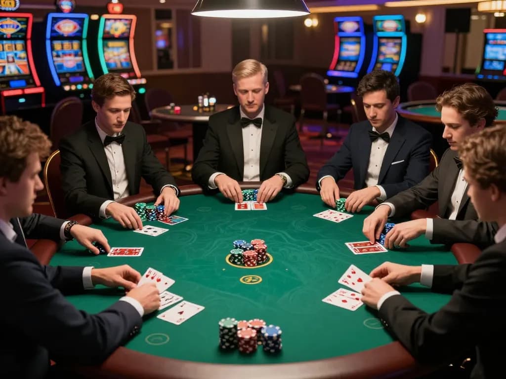 NoHu players strategizing in an upscale poker game at a vibrant casino.