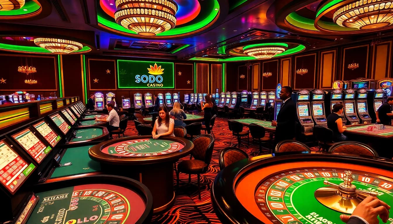 SODO CASINO gaming scene with players enjoying poker and roulette, capturing excitement and luxury.