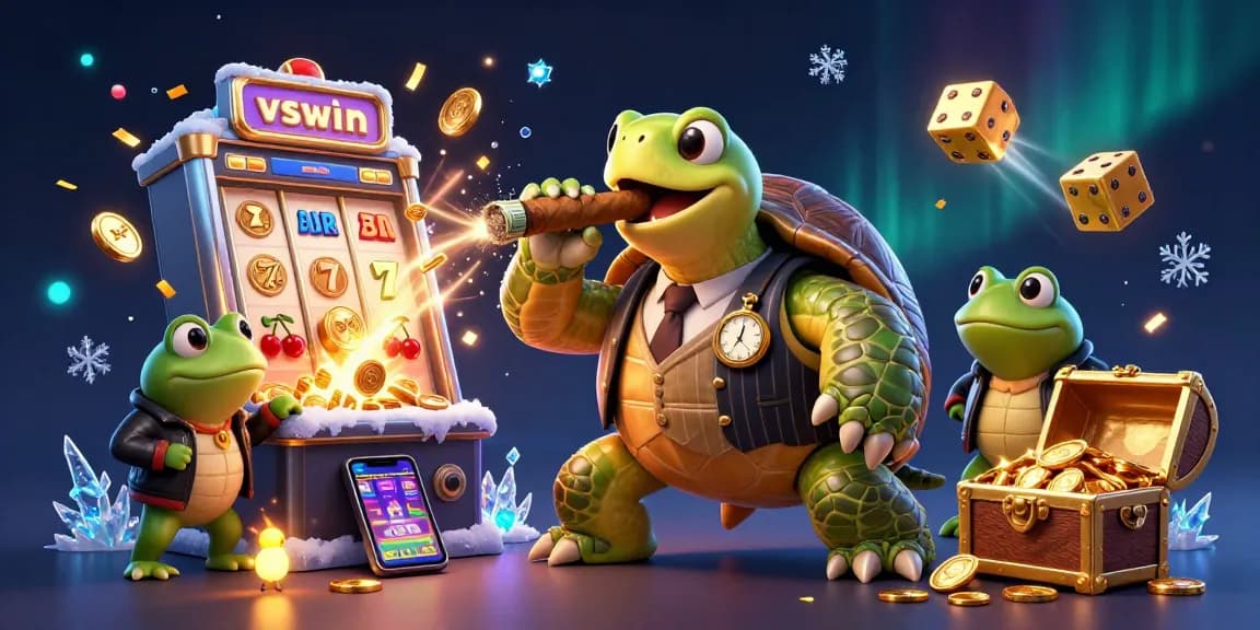 Win big with vswin's captivating casino scene featuring a mobster turtle and fireworks!