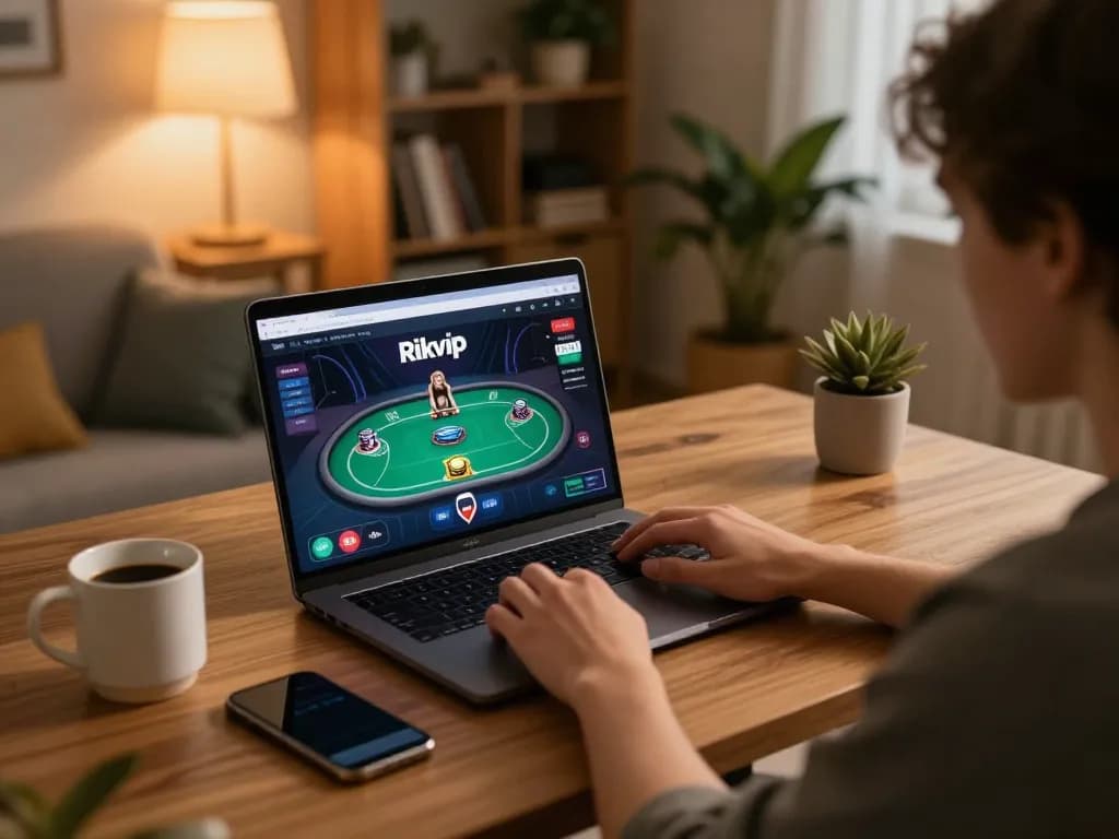 Rikvip player engaging in online casino game with strategic gameplay in a cozy home setup.