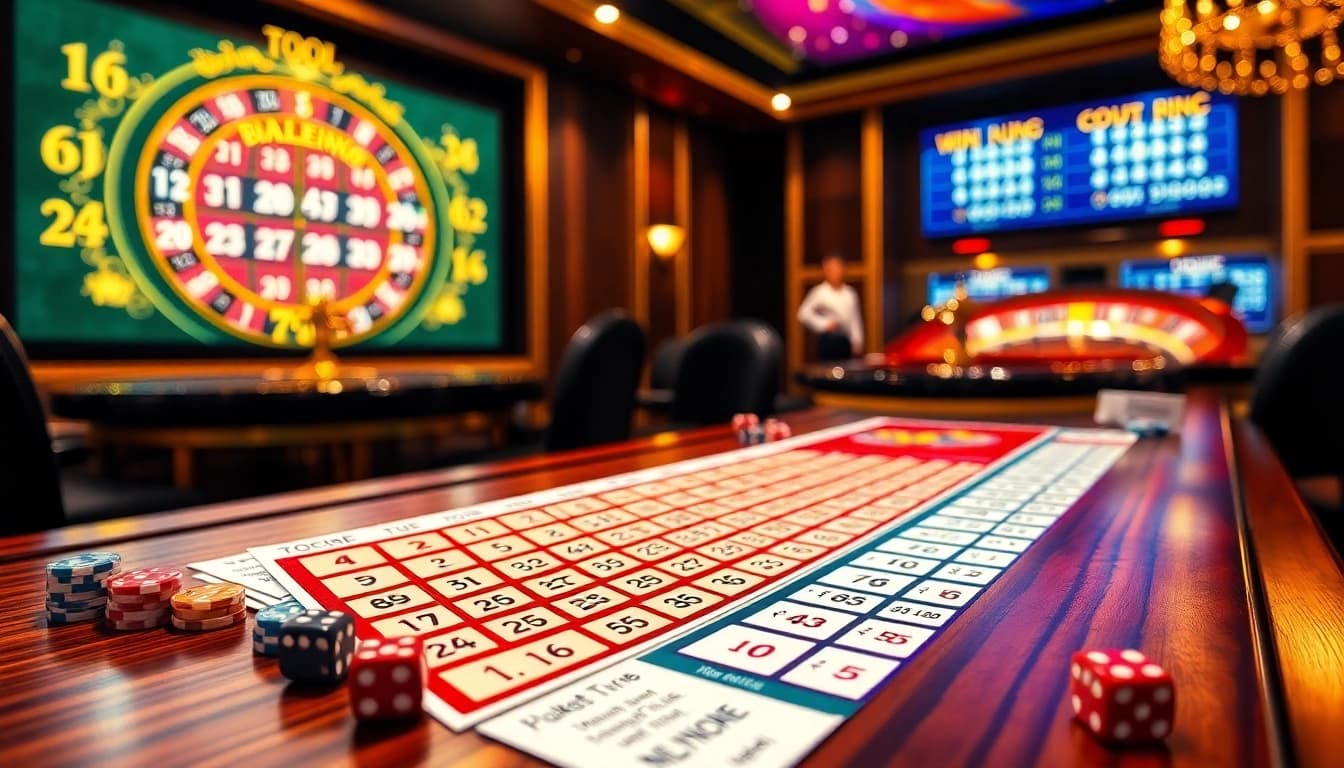 Exciting scene featuring Tool xổ số siêu tốc at a luxurious casino with vibrant lottery displays.