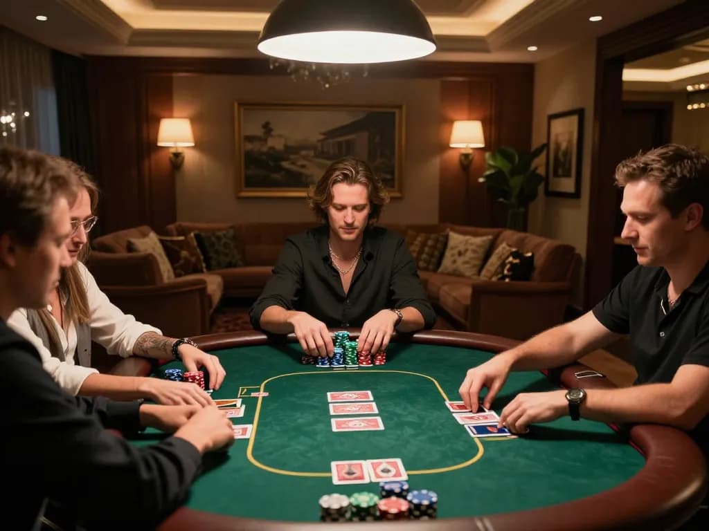 Players enjoying a strategic poker game at home, showcasing km777's thrilling gameplay in a cozy atmosphere.