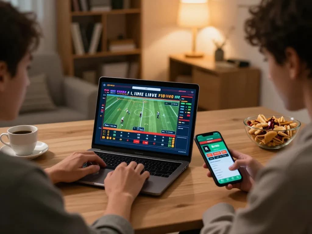 Engaging in sports betting with keo nha cai app on smartphone and laptop, showcasing strategic home gaming