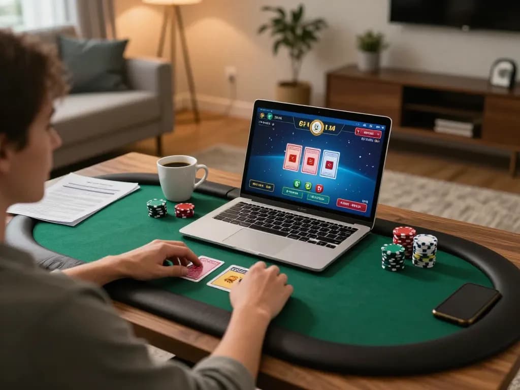 Engaging in online poker gameplay on the 789WIN platform from a cozy home setting.