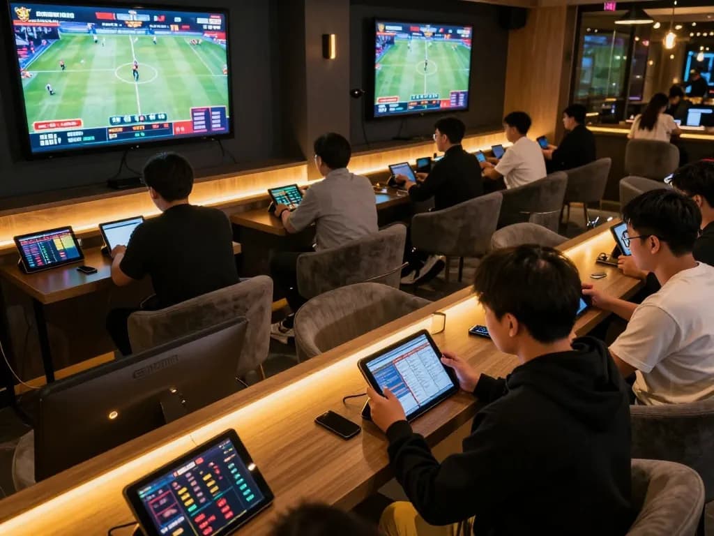 Engaged bettors using OKFUN for sports betting in a modern lounge atmosphere, showcasing excitement.