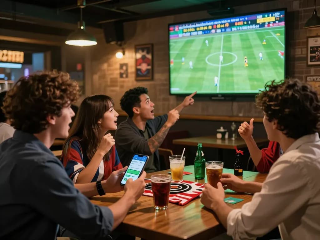 Excited friends checking tỷ lệ kèo nhà cái hôm nay while watching football in a lively sports bar.
