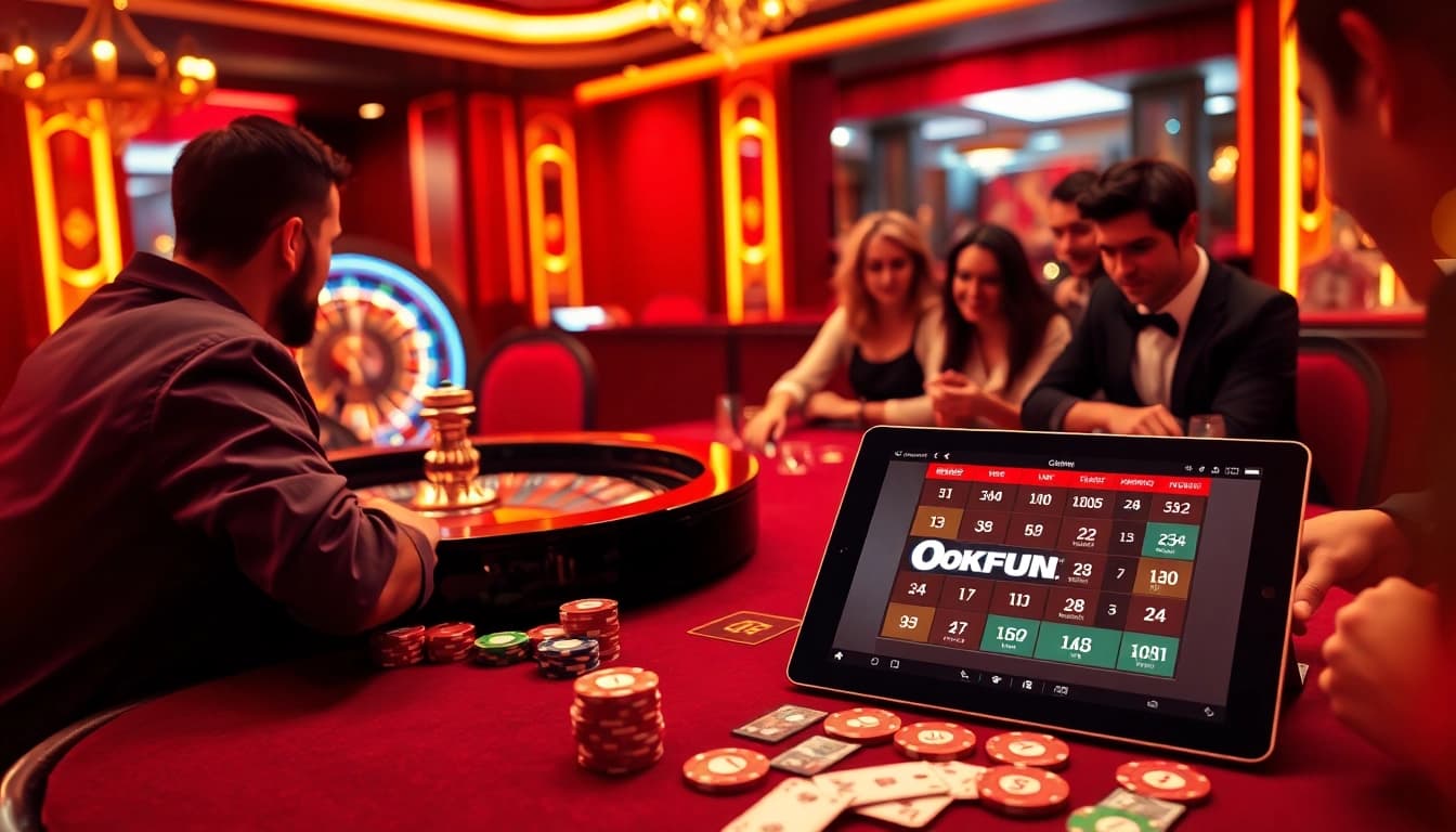 OKFUN casino players engaging in high-stakes poker with vibrant chips and cards.