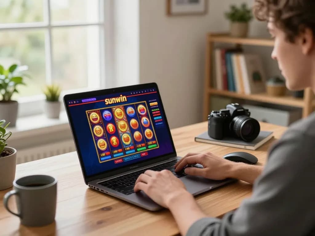 sunwin player enjoying online slots from a comfortable home desk