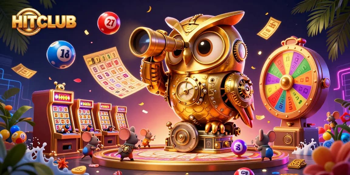 Engage with the vibrant HITCLUB casino universe featuring a golden clockwork owl and playful mice.