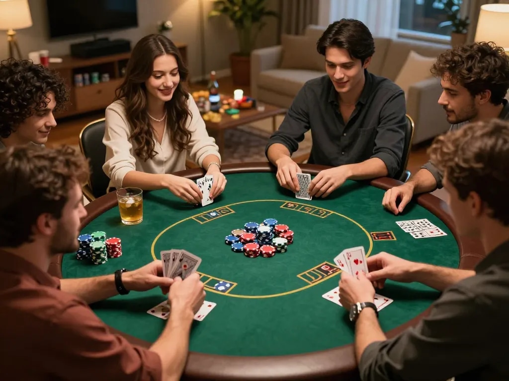Friends enjoying a strategic poker game at home, betting chips scattered, vsbet ambiance enhancing fun.