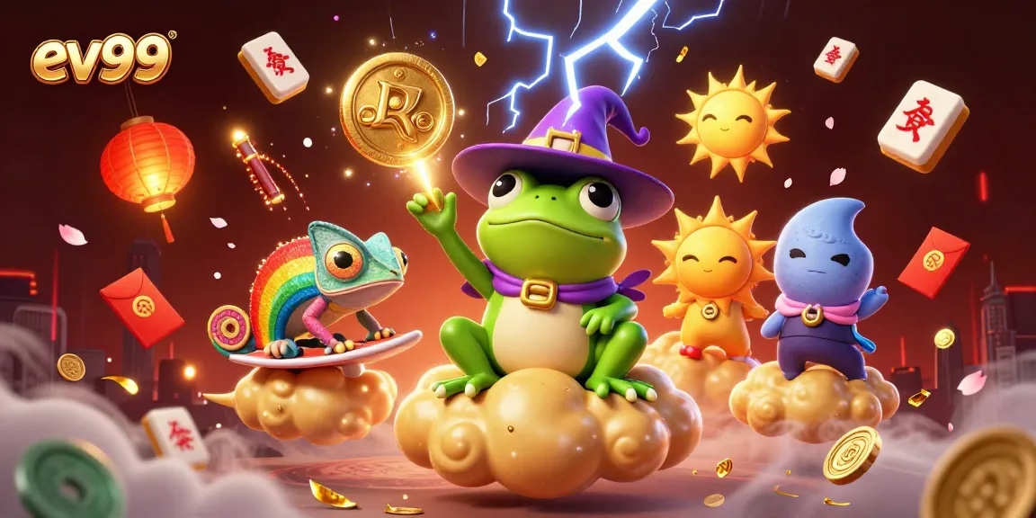 ev99 showcases a vibrant casino scene with a storm of golden coins and playful characters.