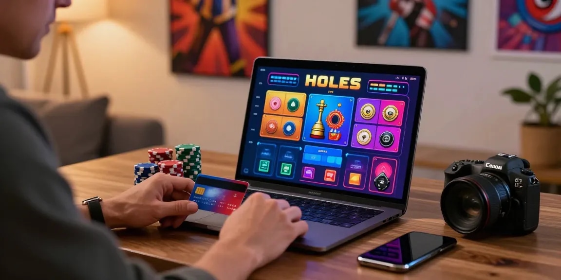 Player enjoying a vibrant gaming experience at uk credit card casinos with laptop, chips, and smartphone.