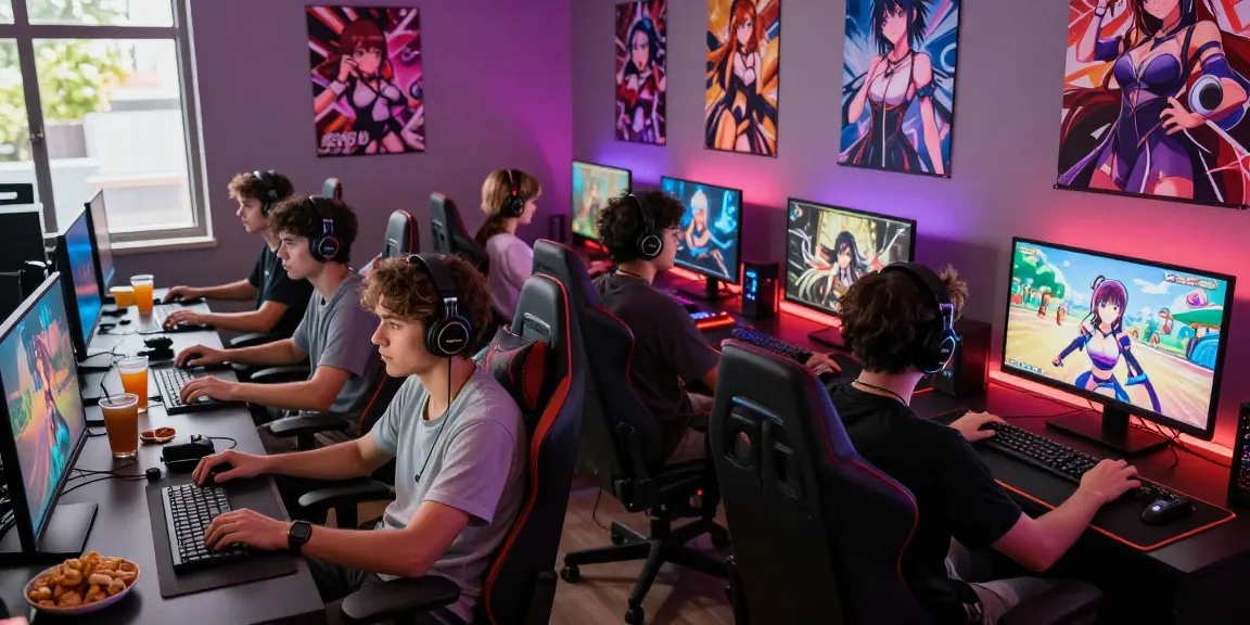 Playing ecchi games online in a vibrant gaming lounge with friends