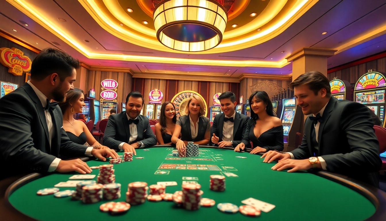 Experience thrilling gameplay at qh88 casino with an elegant poker table and vibrant slot machines.