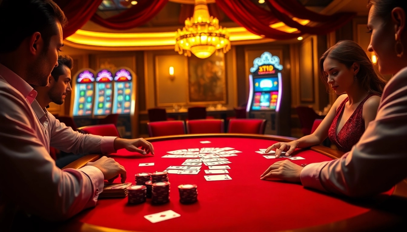 Intense poker game action at XX88 casino, featuring poker chips and cards in a luxurious setting.