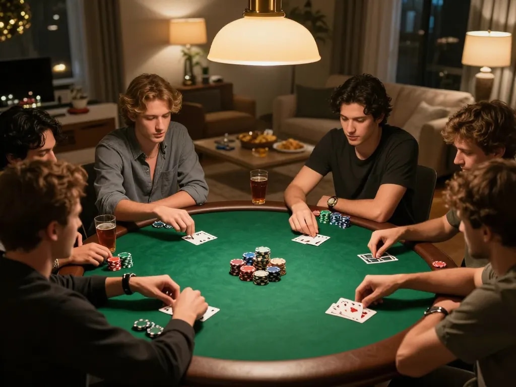 Friends enjoying an exciting poker night at home, showcasing the social side of gambling with 888top.