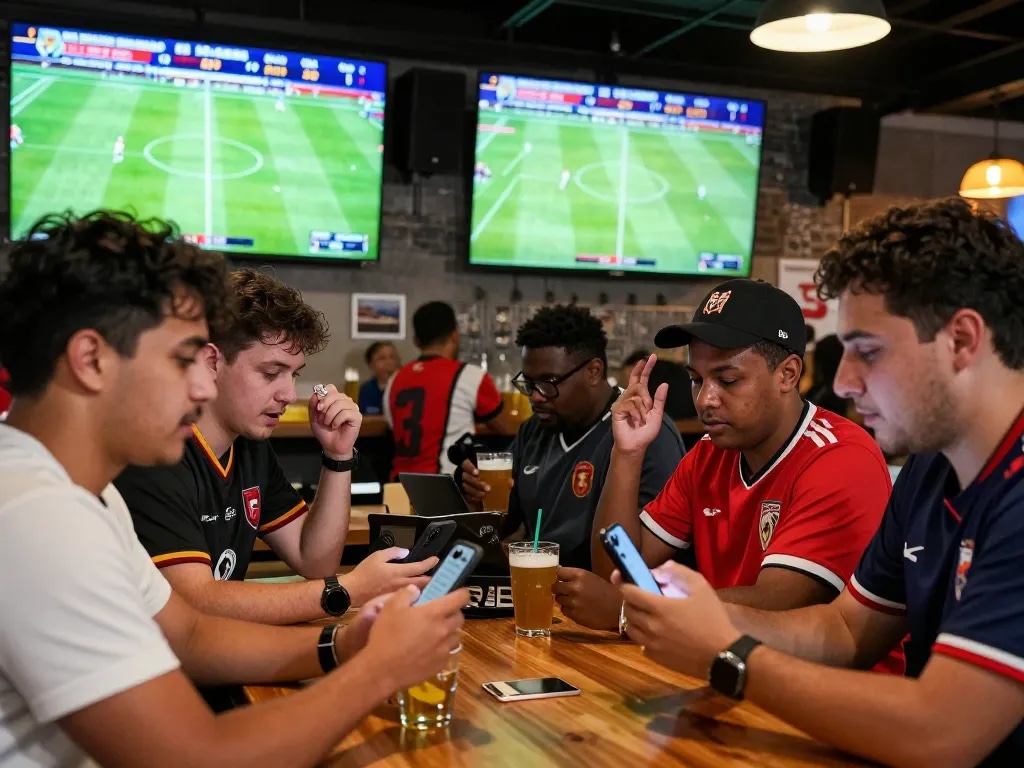 Fans enjoying live football matches and checking 7m scores at a vibrant sports bar