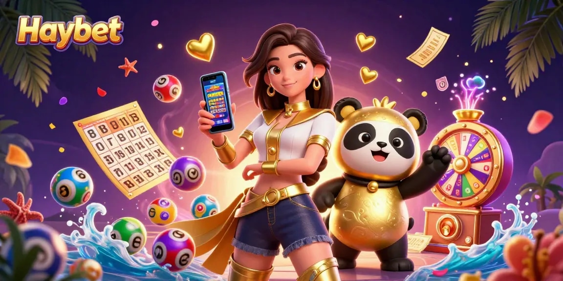 Engage in thrilling Haybet casino excitement with an elegant woman and golden panda mascot.