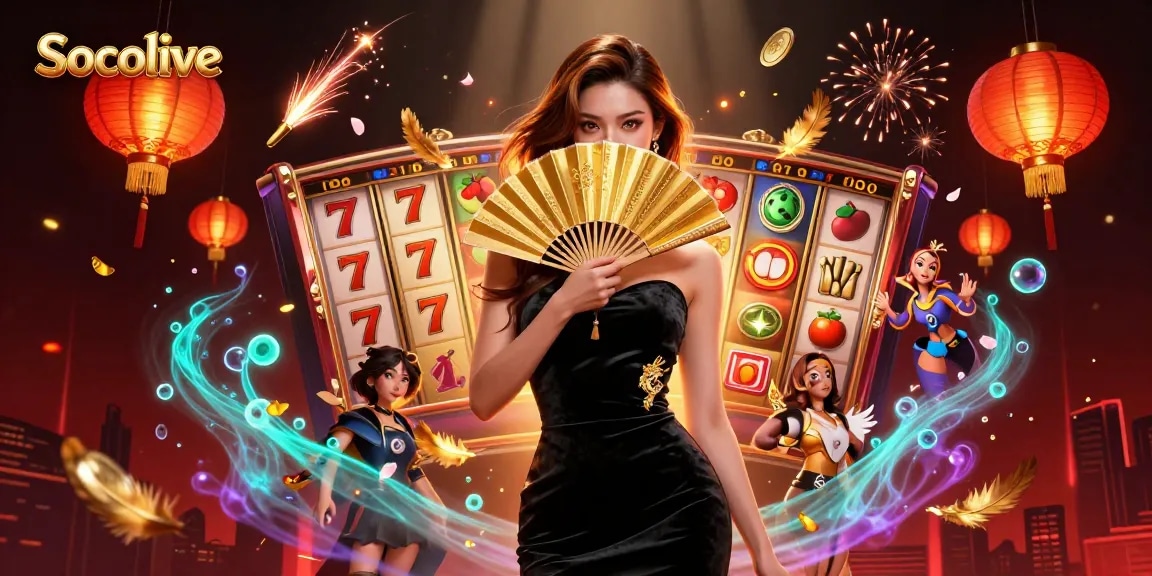 Socolive offers stunning live casino experiences, featuring vibrant slot elements and glowing golden effects.