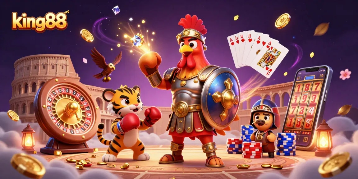 Engage with king88's gaming experience featuring a 3D gladiator rooster amidst vibrant casino elements.