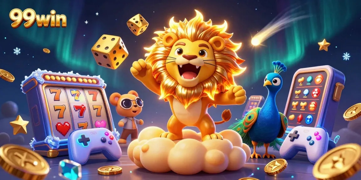 Experience thrilling wins at 99win with colorful slot reels and cartoon characters in a vibrant casino setting.