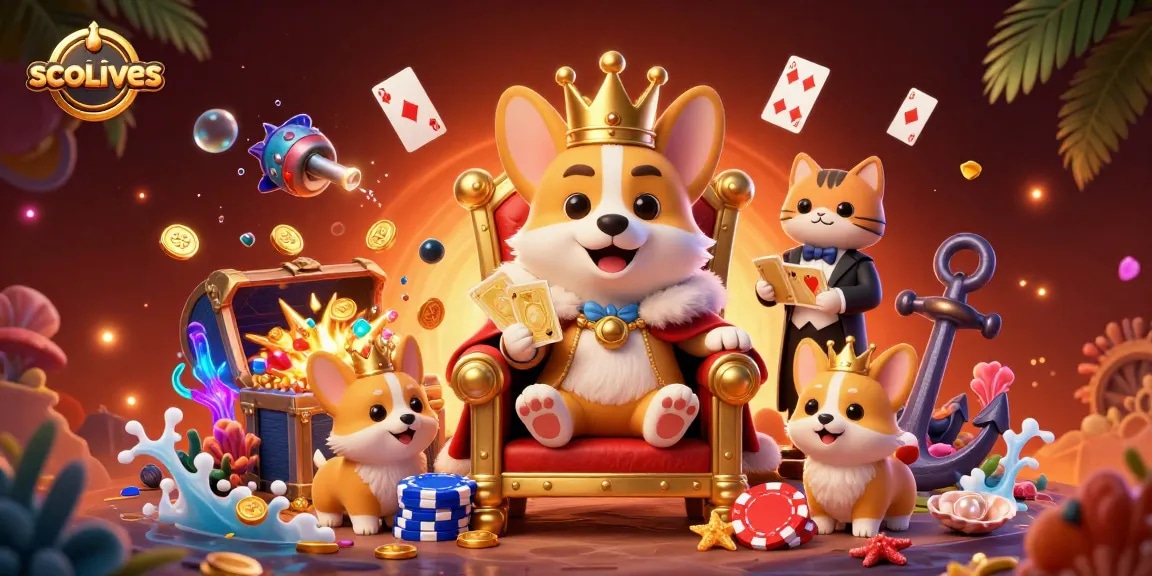 Socolives showcases a royal corgi casino theme, featuring poker elements and vibrant underwater treasures.