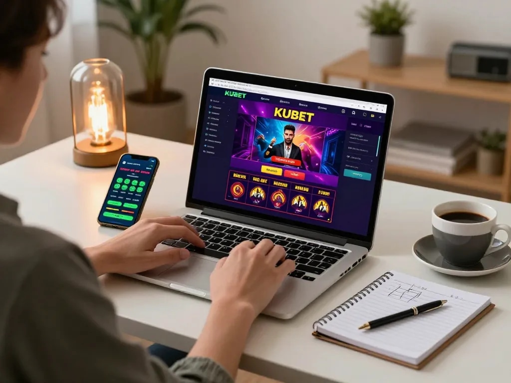 KUBET user actively engaging with an online casino game at home, showcasing a cozy and strategic gaming atmosphere.