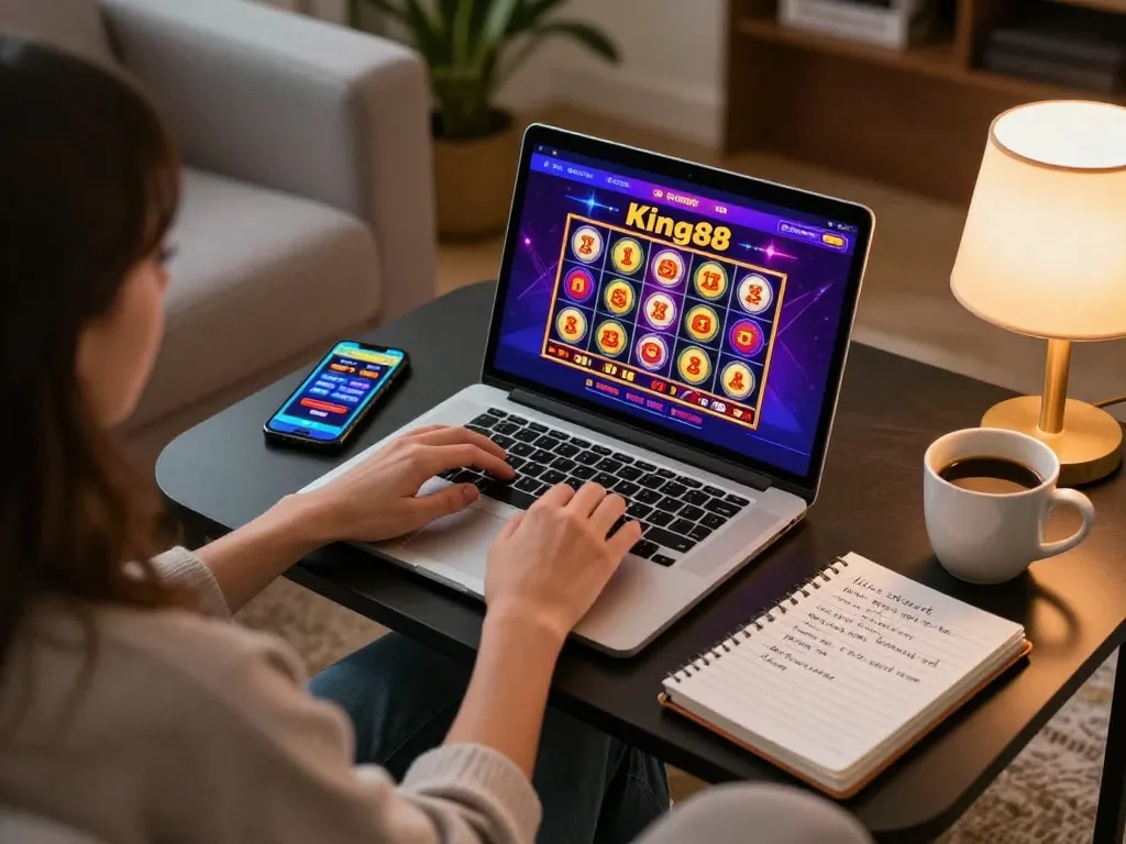 Player enjoying a thrilling gaming session at King88 online casino, engaged with slot games on laptop.