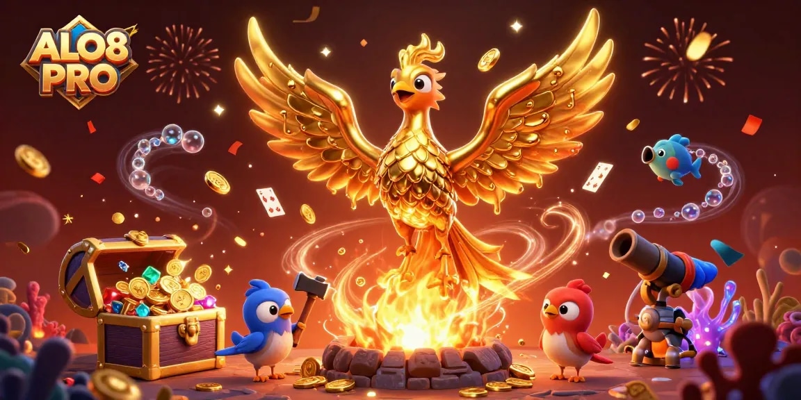 Experience thrilling action at ALO8 PRO with vibrant gaming elements and a majestic golden phoenix.
