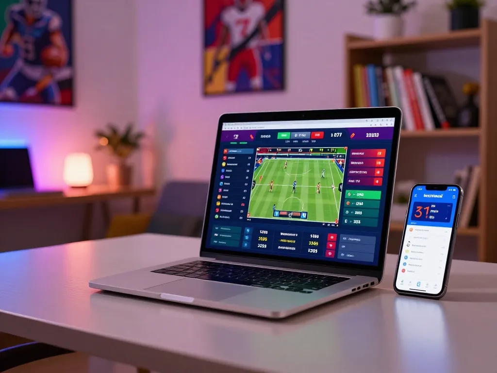 Engaging online betting scene featuring a laptop showing keonhacai and smartphone managing bets.