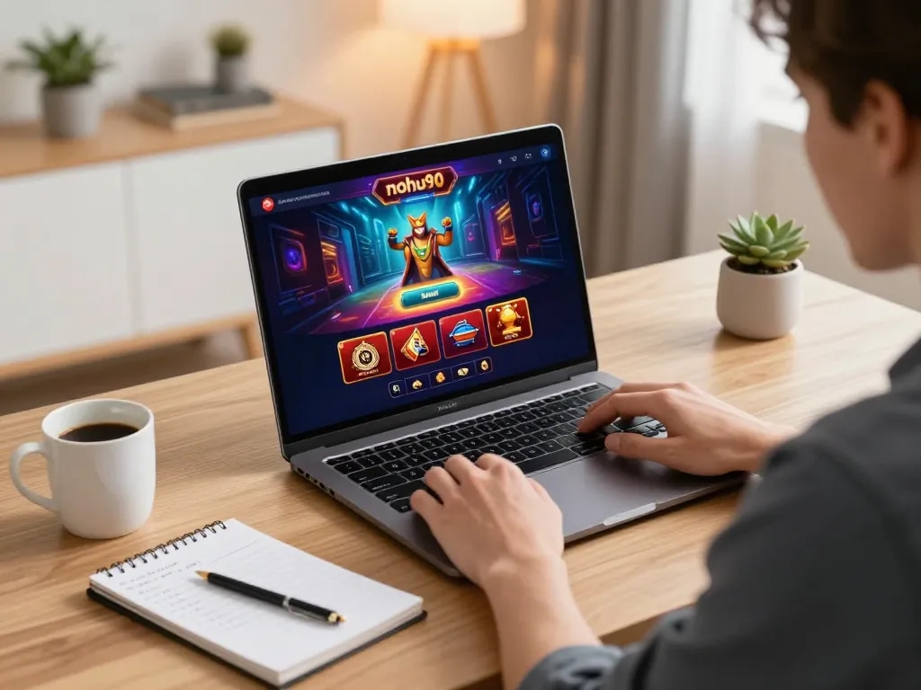 Nohu90 user engaged in online gaming with laptop and betting notes, showcasing strategic gameplay.