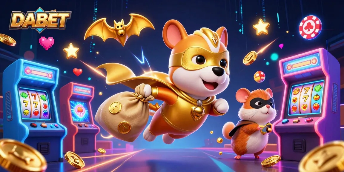 DABET features a superhero dog and friend in a vibrant casino setting, capturing thrilling gaming action.