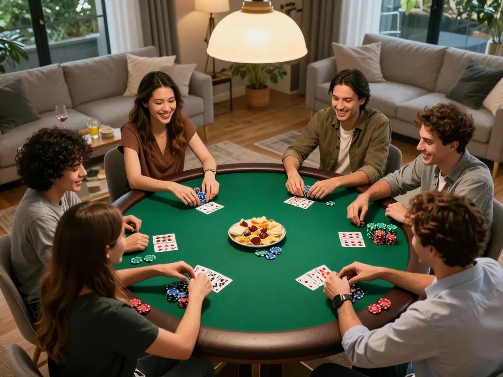 Friends enjoying a competitive poker night, analyzing their hands while playing keobongda