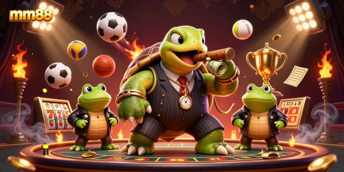 Bet on mm88 with a vibrant scene featuring a turtle mobster and froggy enforcers amidst colorful sports elements.