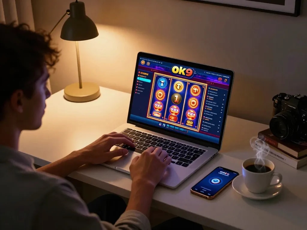 Engaging user enjoying Ok9 online casino gaming, vibrant slot games displayed on laptop, cozy atmosphere