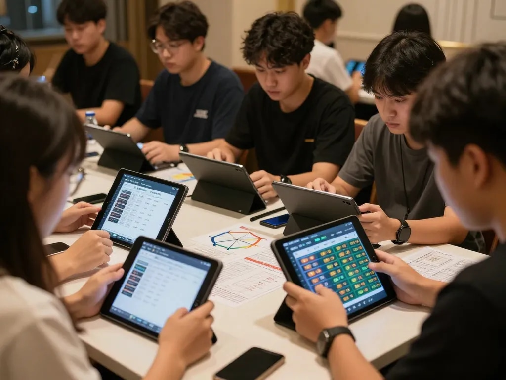 Lô đề players analyzing bets during friendly competition on digital devices