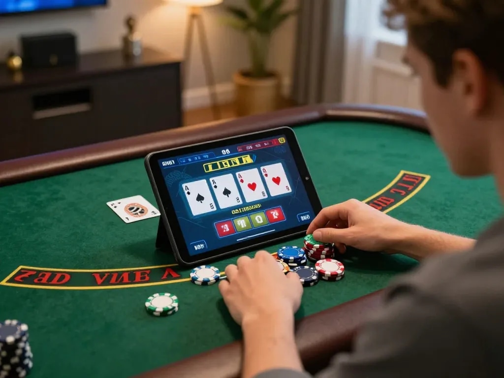 Engaged player enjoying a live blackjack game at 23winn on their tablet, showcasing strategic betting.