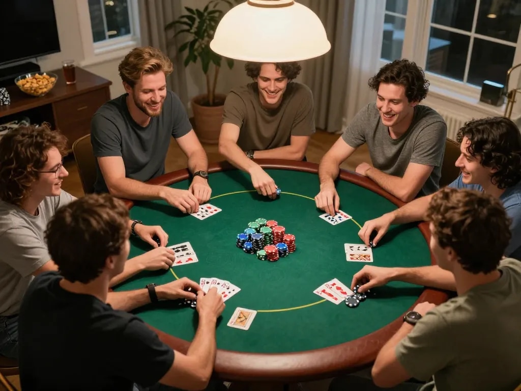 Friends enjoying a lively poker game night at home, contributing to the excitement of 33win gambling.