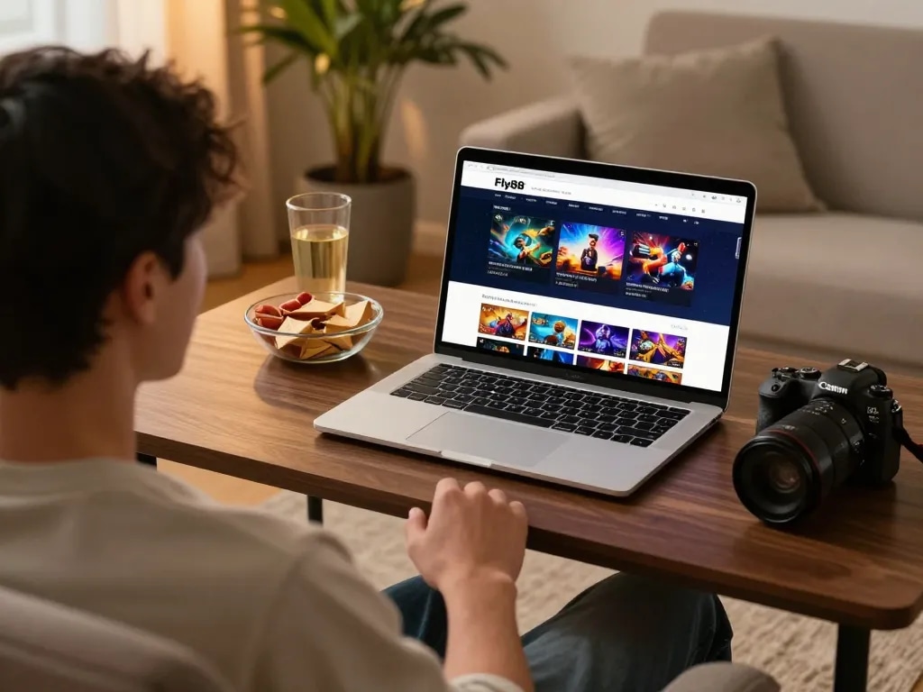 Engaging online gaming experience at fly88 with cozy home setup, player focused on the screen.