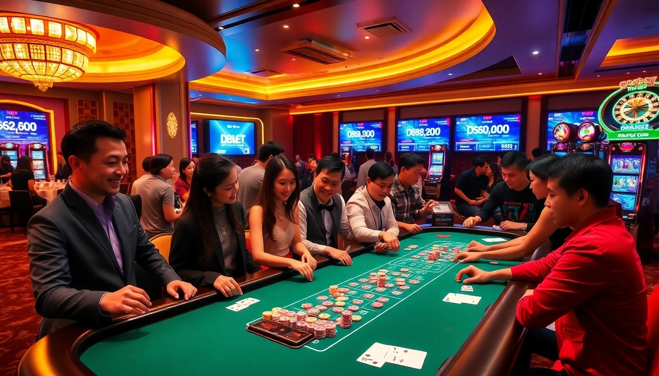 Cổng Game DEBET offers thrilling gambling experiences with vibrant poker tables and roulette wheels